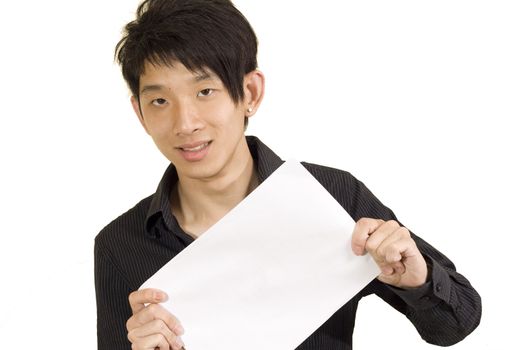 Asia boy holding a white paper