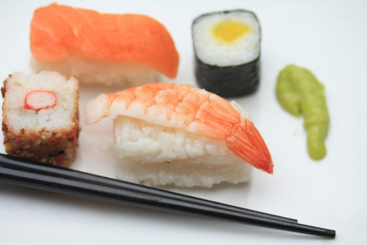 traditional Japanese sushi with chopsticks and Japanese condiment, wasabi