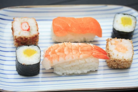 Oblong Japanese plate with traditional Sushi