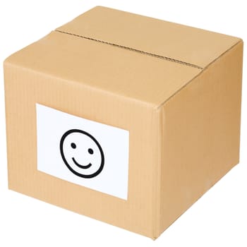 Cardboard box with a smiley sign on the white