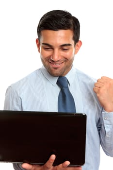 A happy excited business man with holding a laptop and showing a fist of success, or victory. White background.
