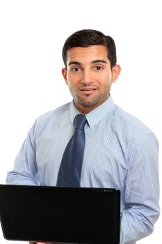 A businessman, office worker or IT consultant using a laptop computer.  White background.