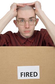 Man in carton box with inscription - fired