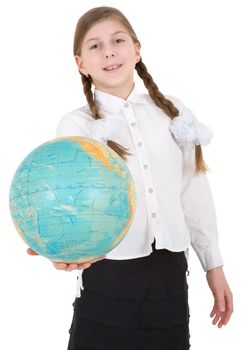 Girl with globe on a white background