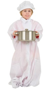 Little girl in white overall with saucepan 