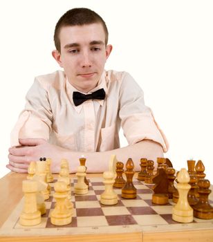 Man looking on chess on a white background