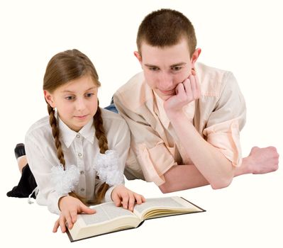 Man and girl read book on white background