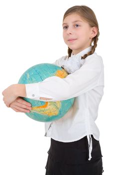 Schoolgirl with globe on a white background