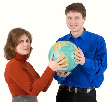 Man and woman hold globe on a white background