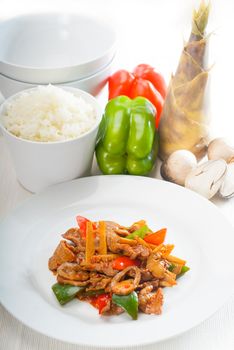 typical chinese dish,fresh beef stir fried with pepperrs bamboo sprout and mushrooms