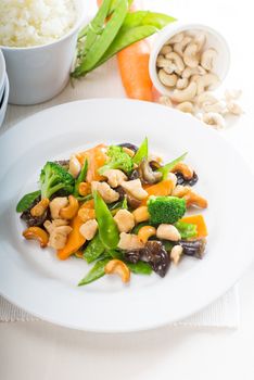 fresh chicken and vegetables stir fried with cashew nuts,typical chinese dish