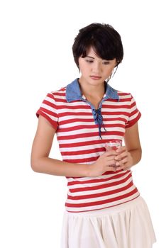 Lonely woman holding glass, closeup portrait with sad expression on white background.