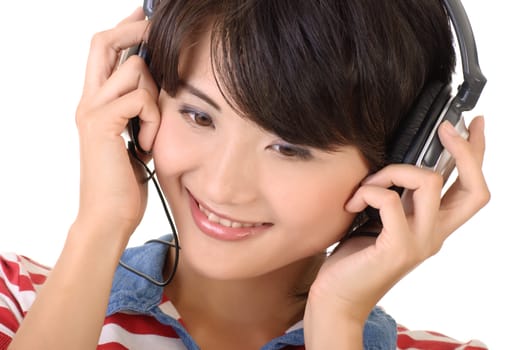 Happy woman with headphones, closeup portrait with smiling expression.