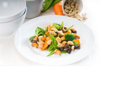 fresh chicken and vegetables stir fried with cashew nuts,typical chinese dish