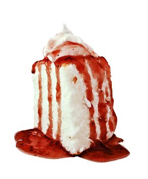 Angel food cake with strawberry glaze and whip cream isolated on white
