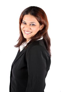 A portrait of a beautiful Indian business manager, on white studio background.