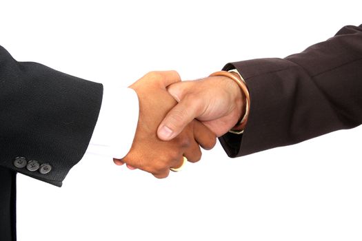 The handshake of a two Indian businessman after a successful deal, on white studio background.