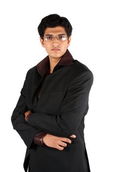 A portrait of a smart young Indian businessman, on white studio background.