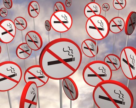 Illustrated no smoking signs over a cloudy photo 