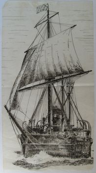 Drawing of a sea vessel. Drawn by means of a hand.