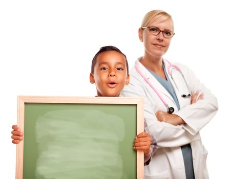 Female Doctor with Hispanic Child Holding Chalk Board Isolated on a White Background.