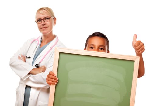Female Doctor with Hispanic Child Holding Chalk Board Isolated on a White Background.