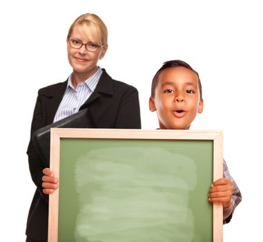 Hispanic Boy Holding Chalk Board and Female Teacher Behind Isolated on a White Background.