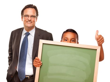 Hispanic Boy Holding Chalk Board with Male Teacher Behind Isolated on a White Background.