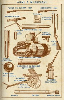 ITALY - CIRCA 1940: Vintage illustration of weapons, circa 1940 in Italy