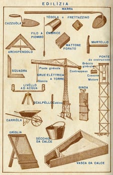 ITALY - CIRCA 1940: Vintage illustration of construction, circa 1940 in Italy