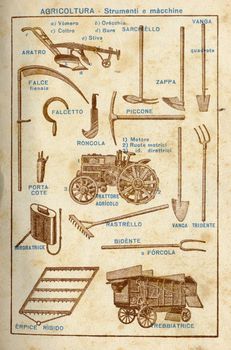 ITALY - CIRCA 1940: Vintage illustration of agricultural tools, circa 1940 in Italy