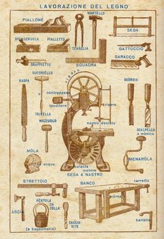 ITALY - CIRCA 1940: Vintage illustration of wood work tools, circa 1940 in Italy