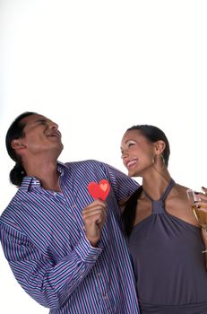 Young multiracial woman laughing with boyfriend. Space for copy on top.