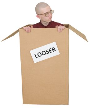 Man in cardboard with inscription "Looser"