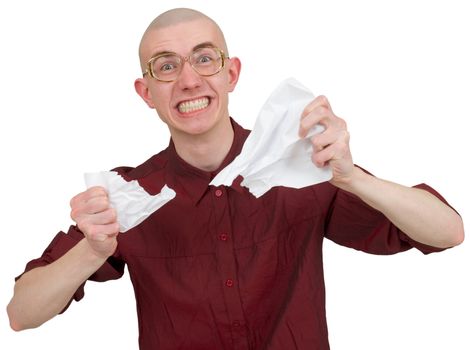 Man tear to pieces sheet of paper