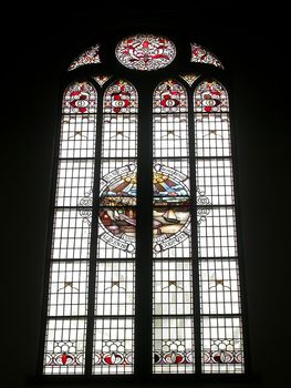 Stained glass window in Pilgrimfather's church Delfshaven Rotterdam