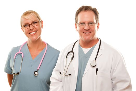 Smiling Male and Female Doctors or Nurses Isolated on a White Background.