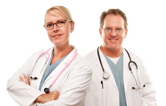 Smiling Male and Female Doctors or Nurses Isolated on a White Background.