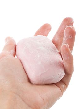 toilet soap with foam in woman's hand