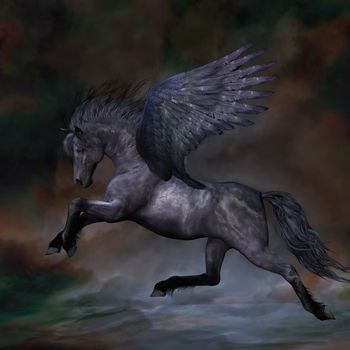 A beautiful black Pegasus stallion flies over the misty water.