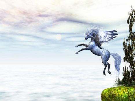 Pegasus, the fabled winged horse, takes to flight from a nearby cliff.