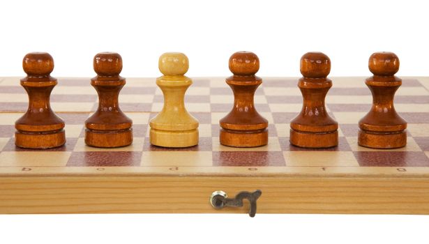 Brown pawns on board on a white background