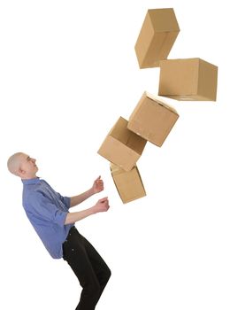 Man drops boxes on a white background