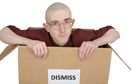 Man in carton with inscription "Dismiss"