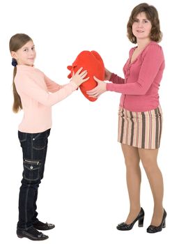 Woman give heart to girl on a white background