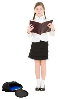 Schoolgirl reading brown book on a white