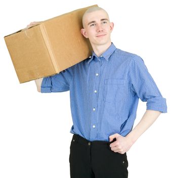 Man hold cardboard on the shoulder a white