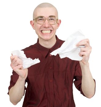 Man tear to pieces white sheet of paper