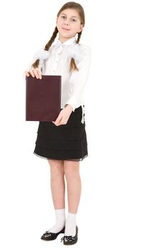 Schoolgirl show brown book on a white