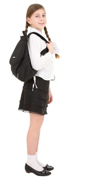 Schoolgirl with black satchel on a white